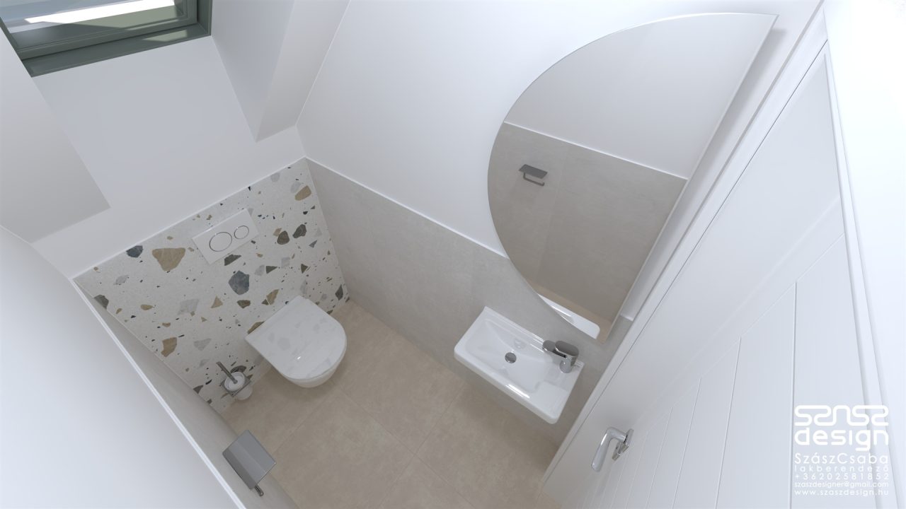 Világos tetőtéri wc beépített wc-vel – Tata belsőépítész