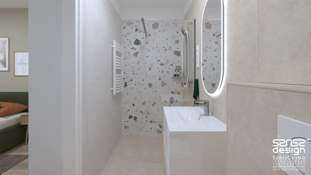 Modern minimalista fürdőszoba terrazzo mintás zuhanyzófallal, lebegő mosdószekrénnyel és LED-es kerek tükörrel – Tata belsőépítész