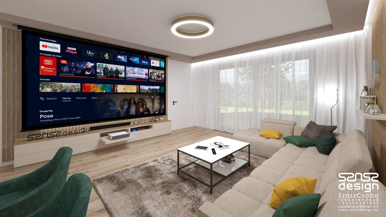 Nappali – Home Cinema beállítás nagy vetítővászonnal.