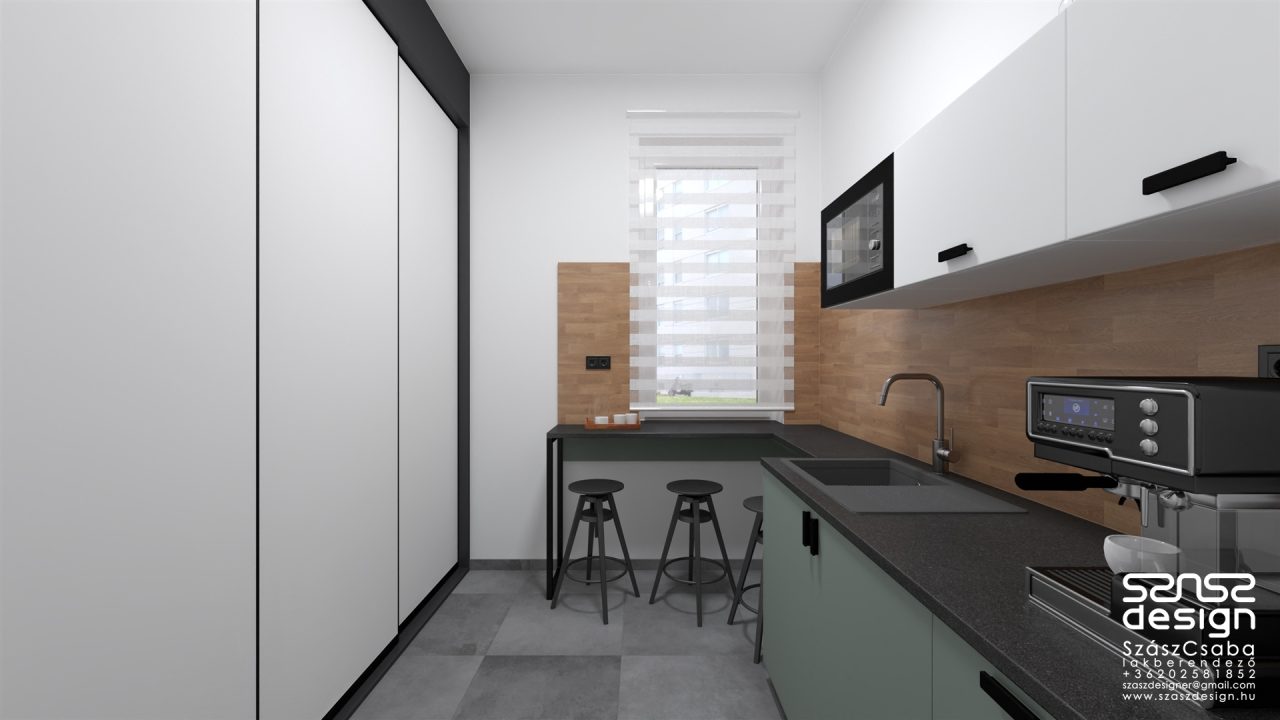 Emeleti irodai teakonyha modern konyhabútorral és bárpulttal, Baj