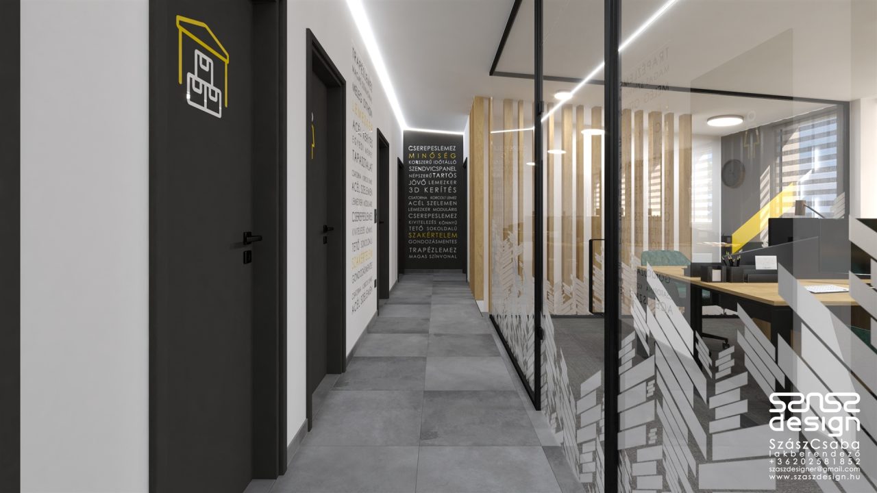 Modern és tágas open office irodatér és közlekedő belsőépítészeti tervezése, Baj