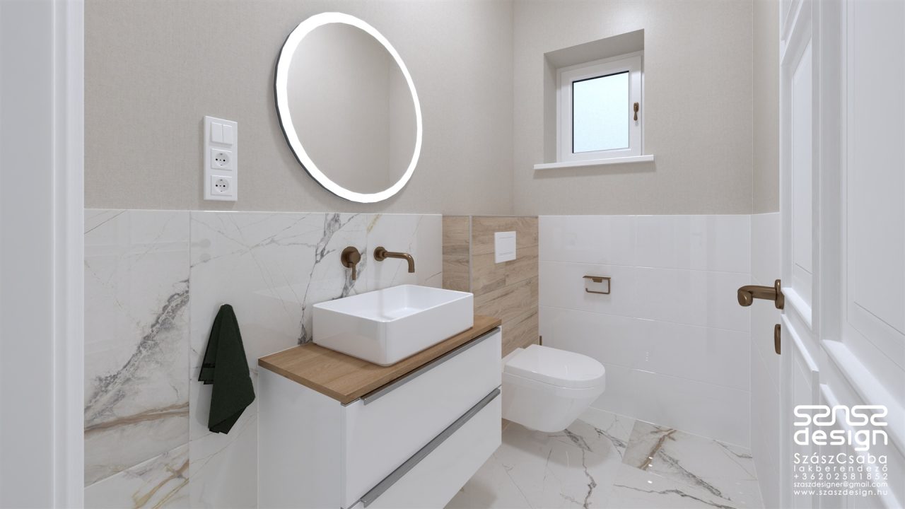 Modern wc helyiség fehér és márvány mintás csempével, fa hátfalas fali WC-vel, fehér mosdószekrénnyel és világító kör alakú tükörrel.